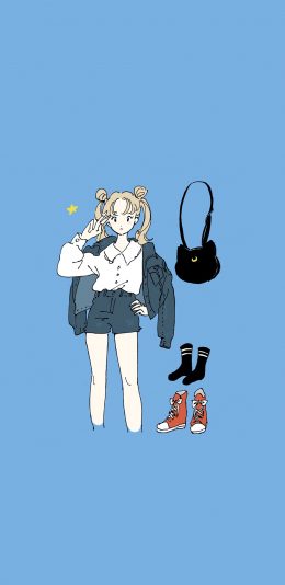 [2436x1125]chaki ​​插图 少女 剪刀手 苹果手机动漫壁纸图片