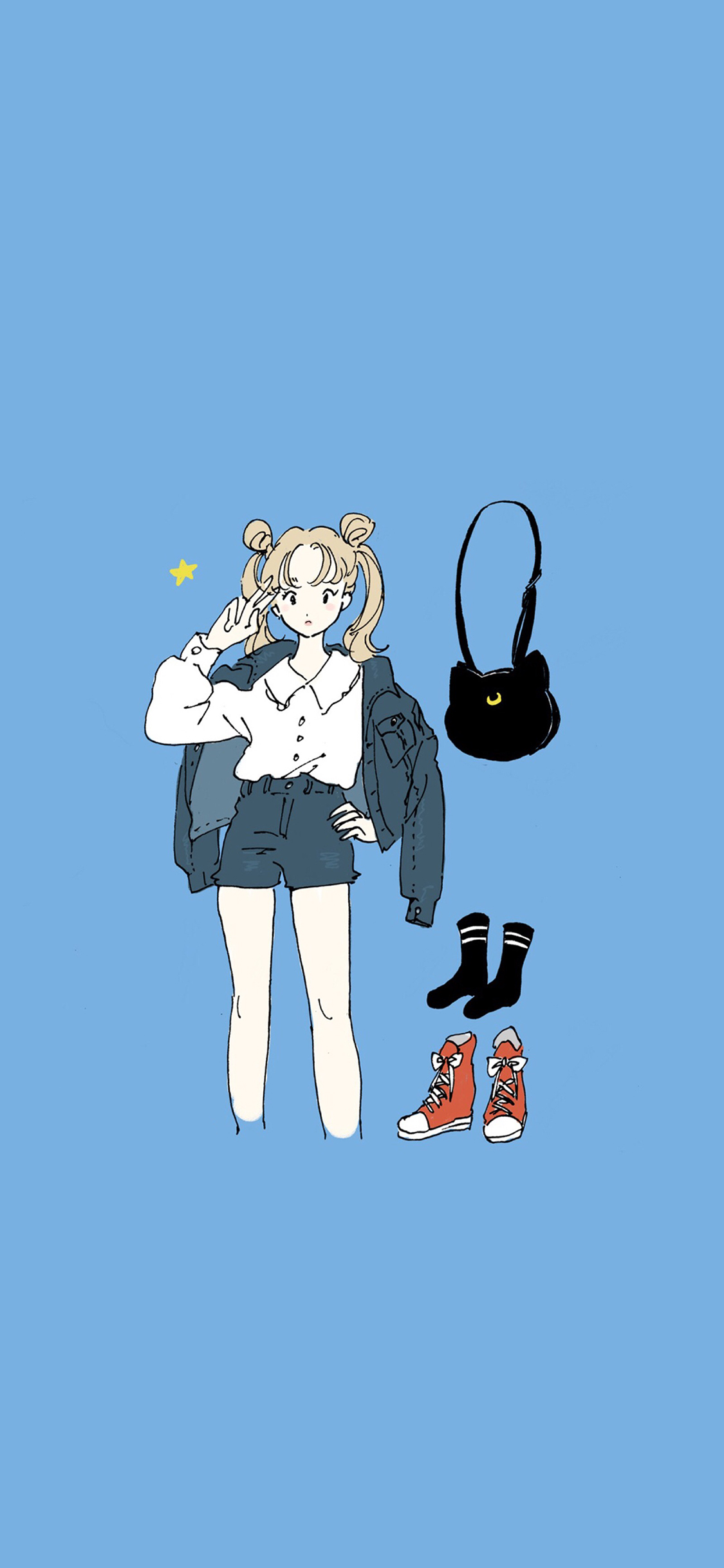 [2436×1125]chaki ​​插图 少女 剪刀手 苹果手机动漫壁纸图片