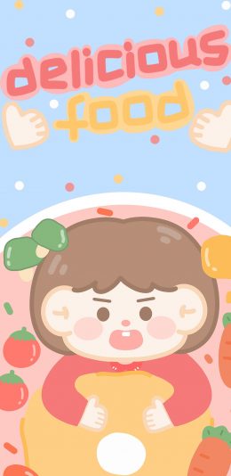 [2436x1125]delicious food 美味食物 女孩 门牙 可爱 苹果手机动漫壁纸图片