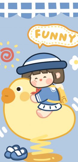 [2436x1125]funny 女孩 小黄鸭 卡通 肉肉酱 苹果手机动漫壁纸图片