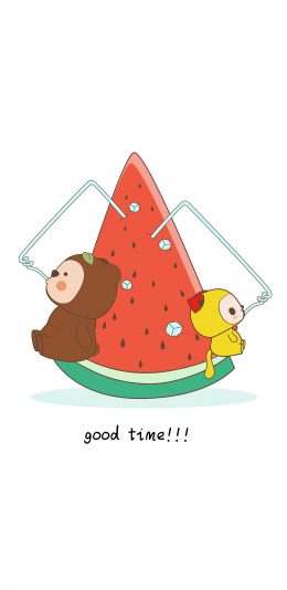 [2436x1125]good time 夏日 夏萌猫 卡通 西瓜 吸管 苹果手机动漫壁纸图片