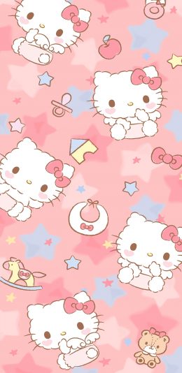 [2436x1125]hello kitty 凯特猫 粉色 木马 蝴蝶结 星星 苹果手机动漫壁纸图片