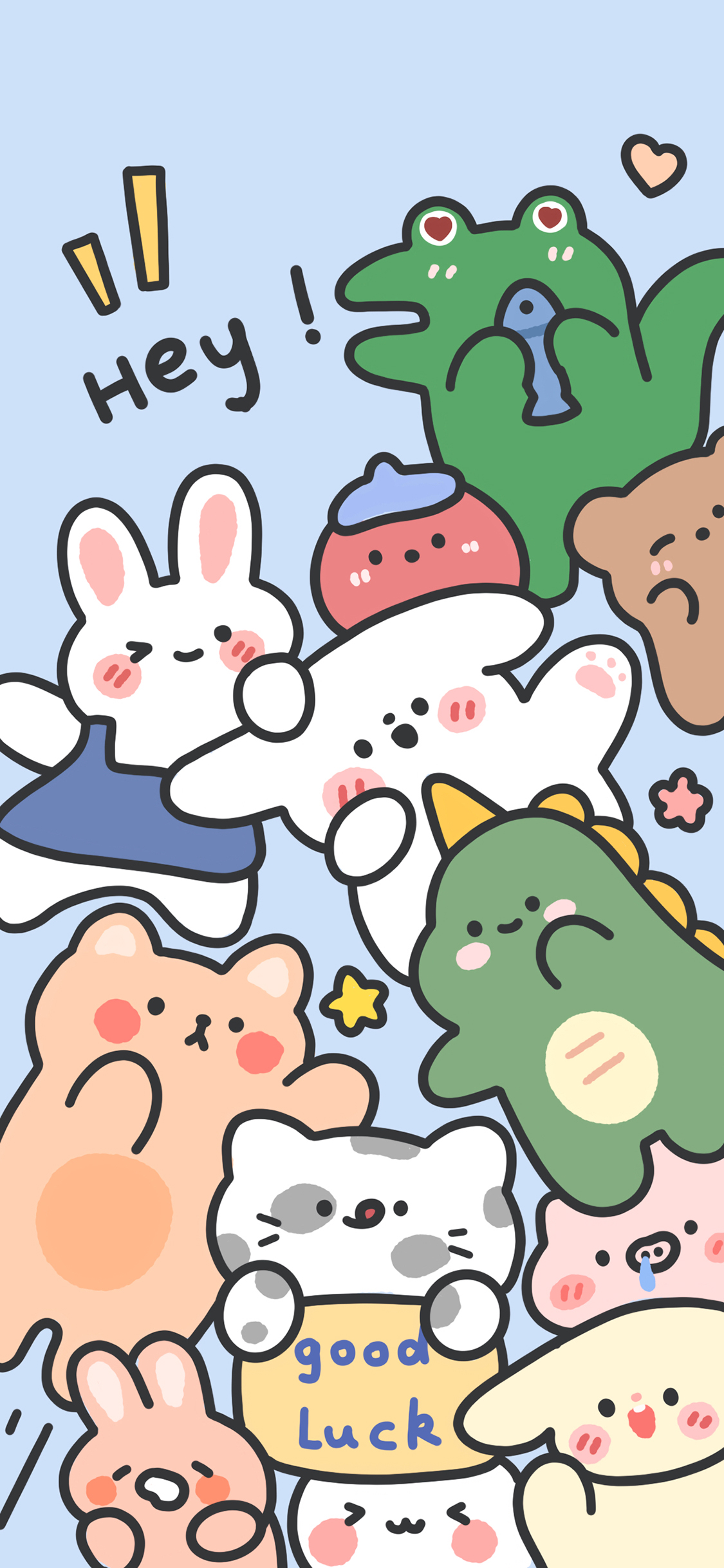 [2436×1125]hey 动物 好运 good luck 熊 兔子 鳄鱼 恐龙 苹果手机动漫壁纸图片