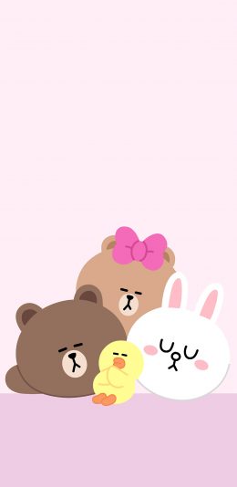[2436x1125]line friends 动画 布朗熊 可妮兔 萨莉鸡 粉色 可爱 苹果手机动漫壁纸图片