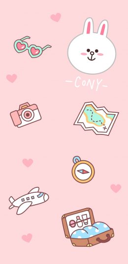 [2436x1125]line friends 可妮兔 卡通 可爱 旅行 飞机 相机 地图 粉色 苹果手机动漫壁纸图片