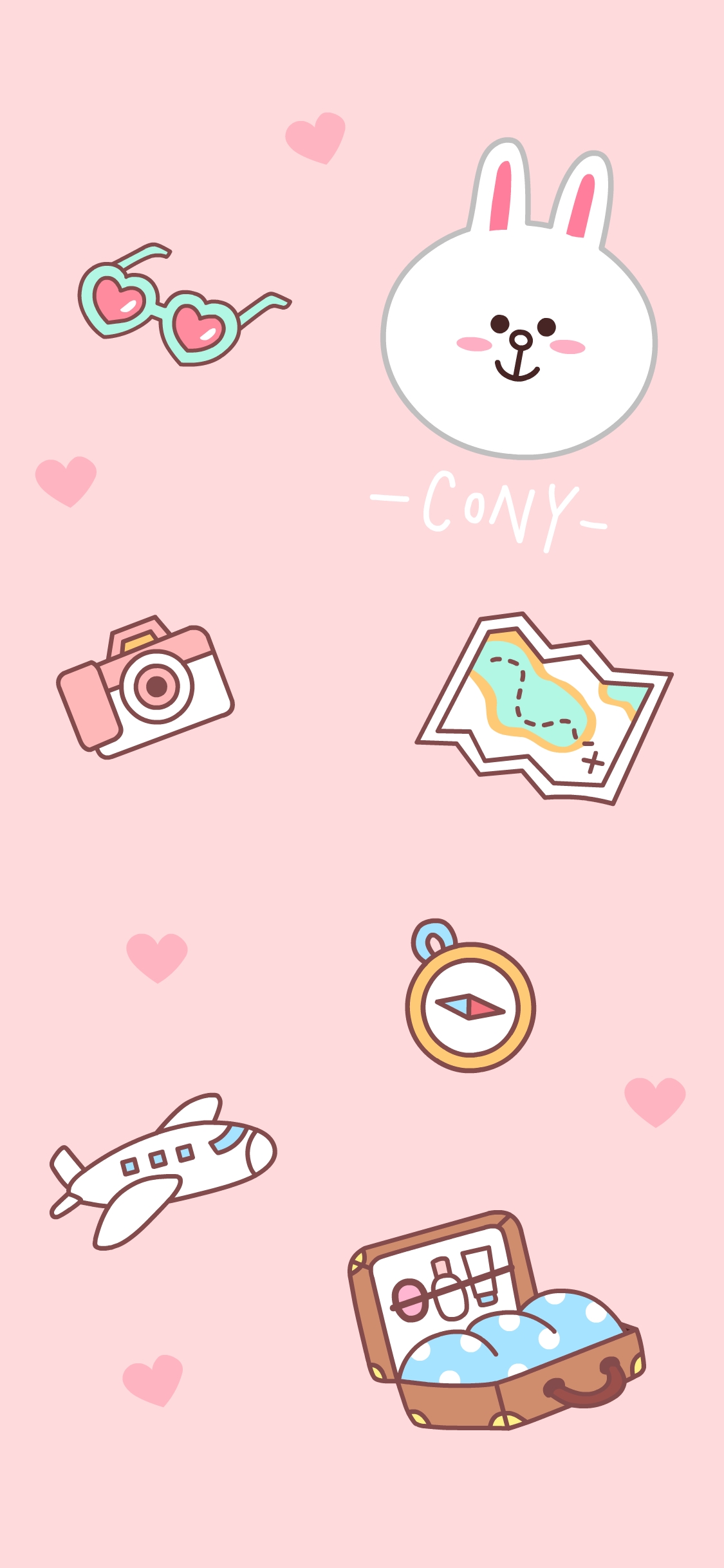 [2436×1125]line friends 可妮兔 卡通 可爱 旅行 飞机 相机 地图 粉色 苹果手机动漫壁纸图片