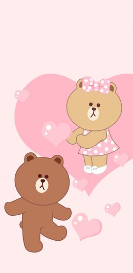 [2436x1125]line friends 布朗熊 动画 爱心 粉色 爱情 苹果手机动漫壁纸图片
