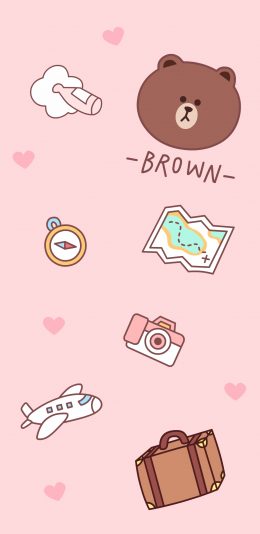 [2436x1125]line friends 布朗熊 卡通 可爱 旅行 飞机 相机 地图 粉色 苹果手机动漫壁纸图片