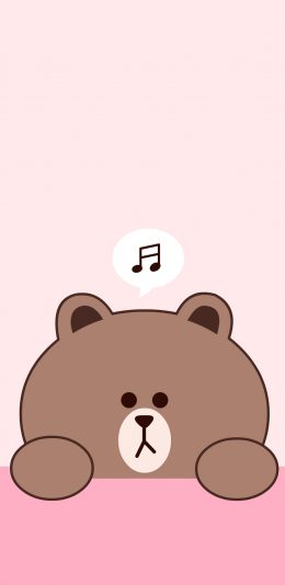[2436x1125]line friends 布朗熊 卡通 可爱 粉色 音符 苹果手机动漫壁纸图片
