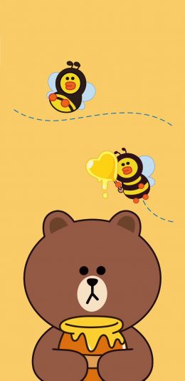 [2436x1125]line friends 布朗熊 卡通 可爱 黄色 蜜蜂 苹果手机动漫壁纸图片