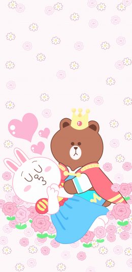 [2436x1125]line friends 布朗熊 可妮兔 浪漫 玫瑰 王子 公主 粉色 苹果手机动漫壁纸图片