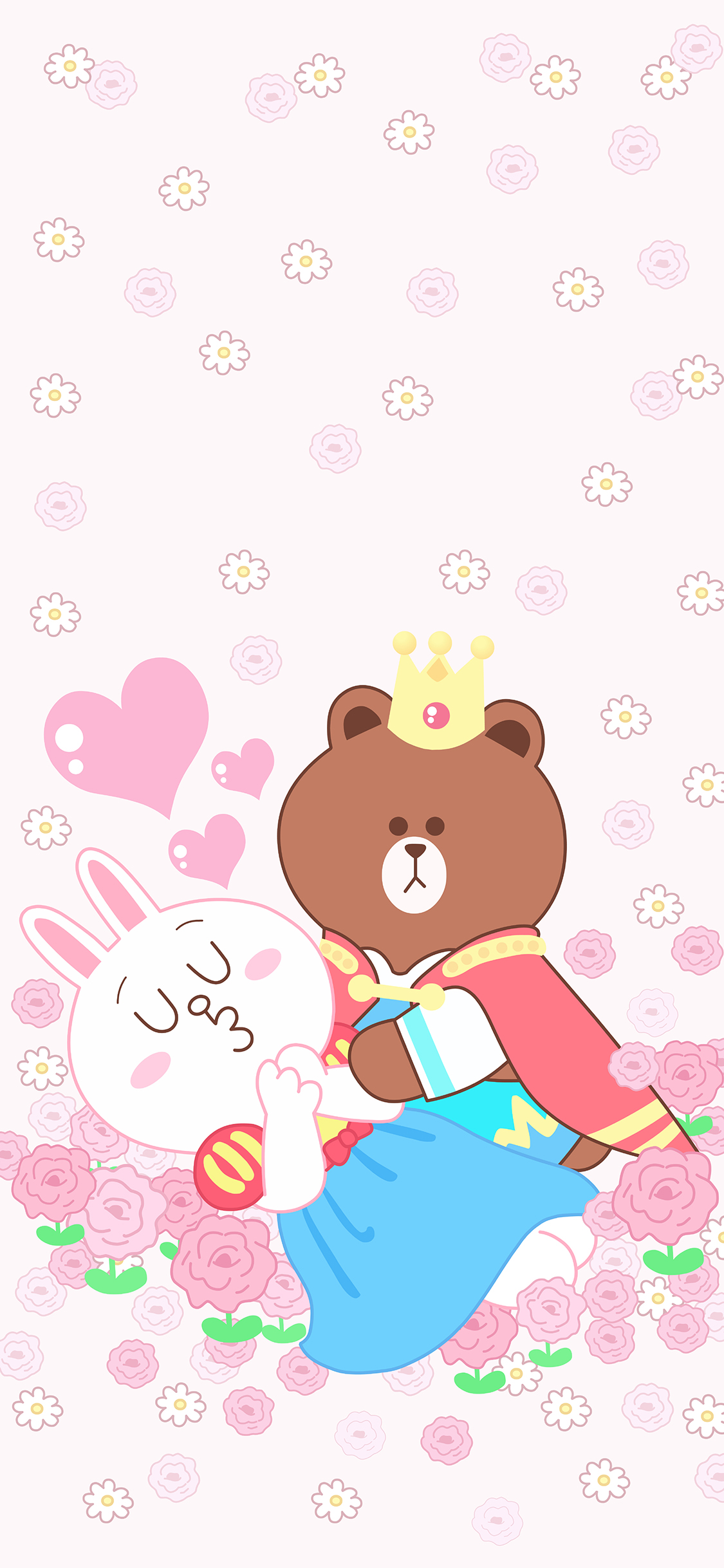 [2436×1125]line friends 布朗熊 可妮兔 浪漫 玫瑰 王子 公主 粉色 苹果手机动漫壁纸图片