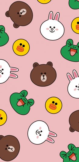[2436x1125]line friends 布朗熊 可妮兔 萨莉鸡 青蛙 粉色 平铺 苹果手机动漫壁纸图片