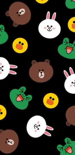 [2436x1125]line friends 布朗熊 可妮兔 萨莉鸡 青蛙 黑色 平铺 苹果手机动漫壁纸图片