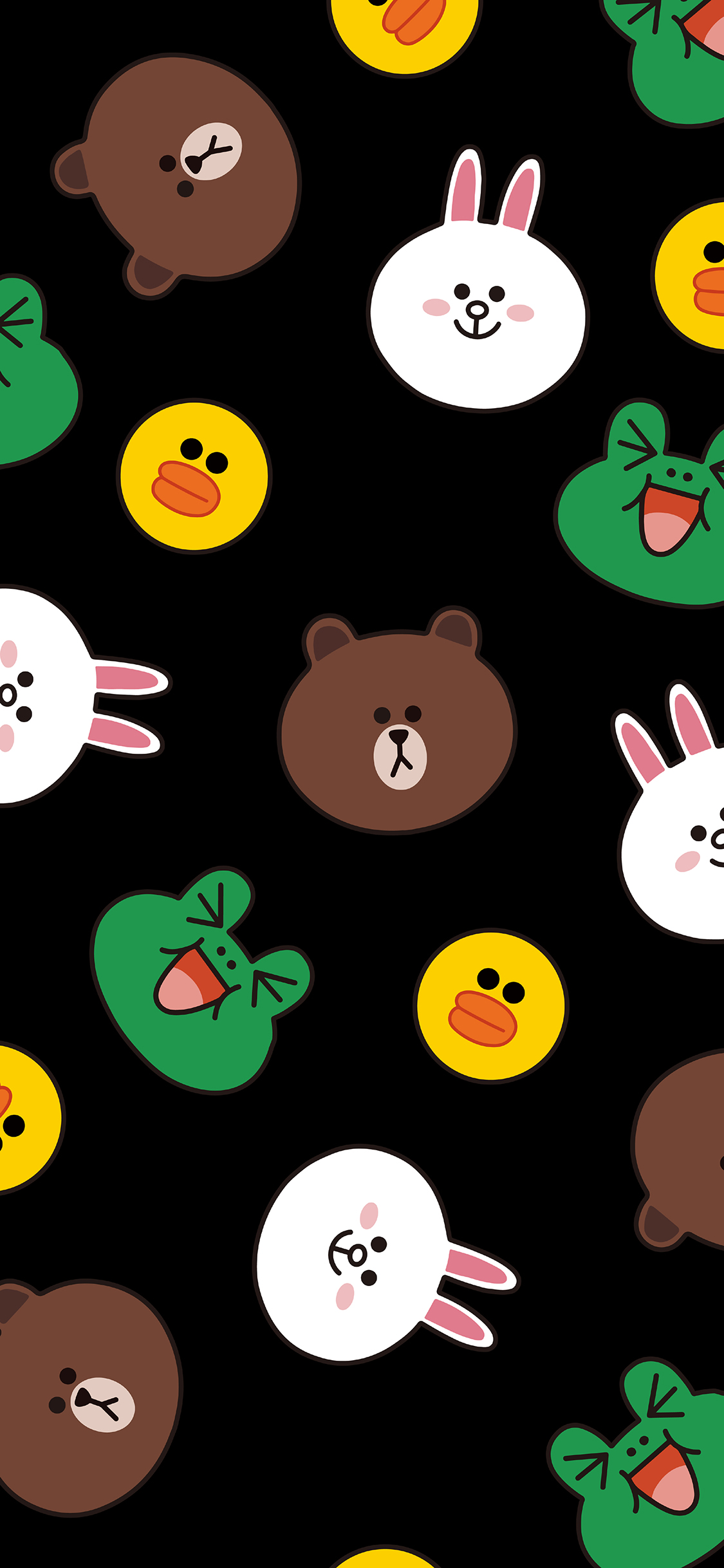 [2436×1125]line friends 布朗熊 可妮兔 萨莉鸡 青蛙 黑色 平铺 苹果手机动漫壁纸图片