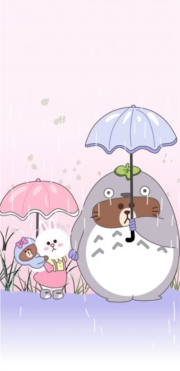 [2436x1125]line friends 龙猫 布朗熊 可妮兔 雨 动画 卡通 可爱 苹果手机动漫壁纸图片