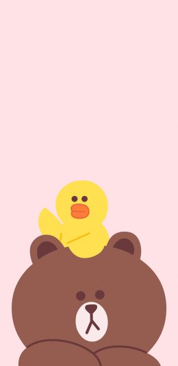 [2436x1125]line 卡通 布朗熊 萨莉鸡 可爱 粉色 苹果手机动漫壁纸图片