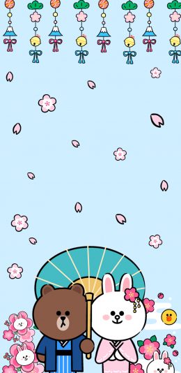 [2436x1125]linefriends 卡通 布朗熊 可妮兔 和服 樱花 苹果手机动漫壁纸图片