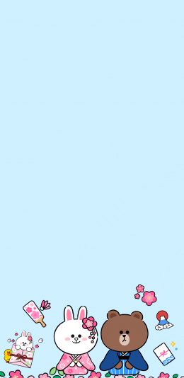 [2436x1125]linefriends 卡通 布朗熊 可妮兔 樱花 和服 苹果手机动漫壁纸图片