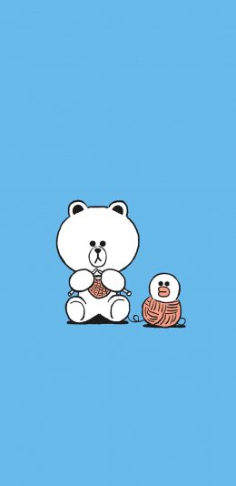 [2436x1125]linefriends 卡通 布朗熊 蓝色 织围巾 毛线球 苹果手机动漫壁纸图片