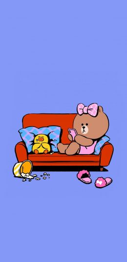 [2436x1125]linefriends 卡通 沙发 丘可 萨莉鸡 苹果手机动漫壁纸图片