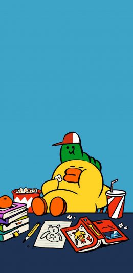 [2436x1125]linefriends 卡通 萨莉鸡 可乐 爆米花 苹果手机动漫壁纸图片