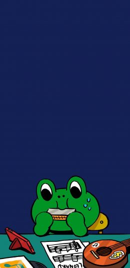 [2436x1125]linefriends 卡通 青蛙 可爱 乐器 口琴 苹果手机动漫壁纸图片