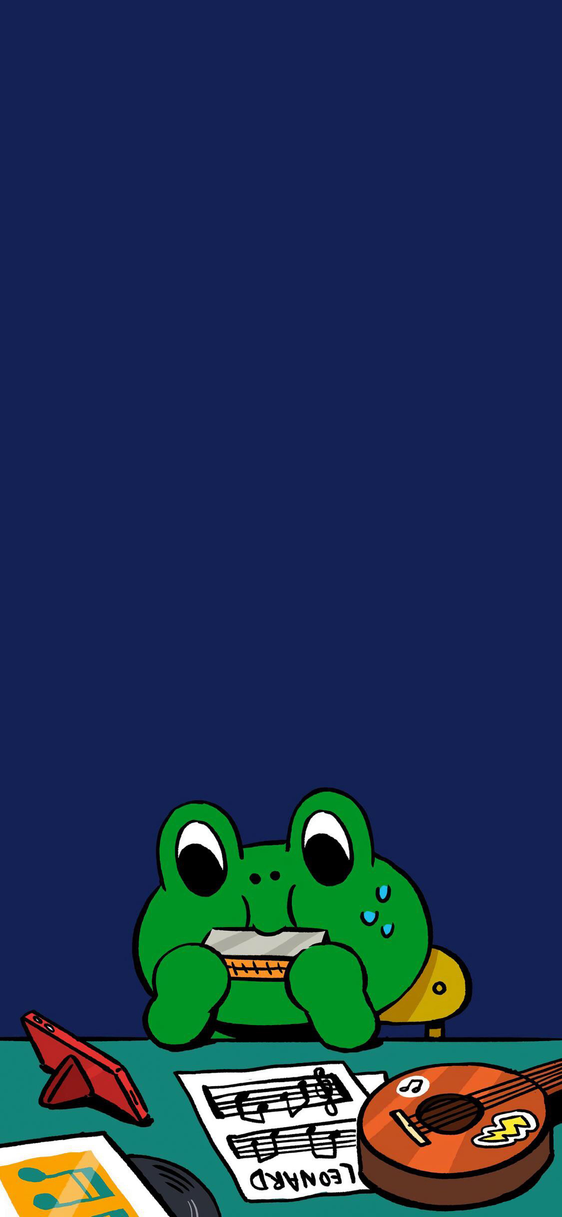 [2436×1125]linefriends 卡通 青蛙 可爱 乐器 口琴 苹果手机动漫壁纸图片