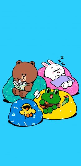 [2436x1125]linefriends 可妮兔 布朗熊 萨莉鸡 青蛙 沙发 卡通 苹果手机动漫壁纸图片