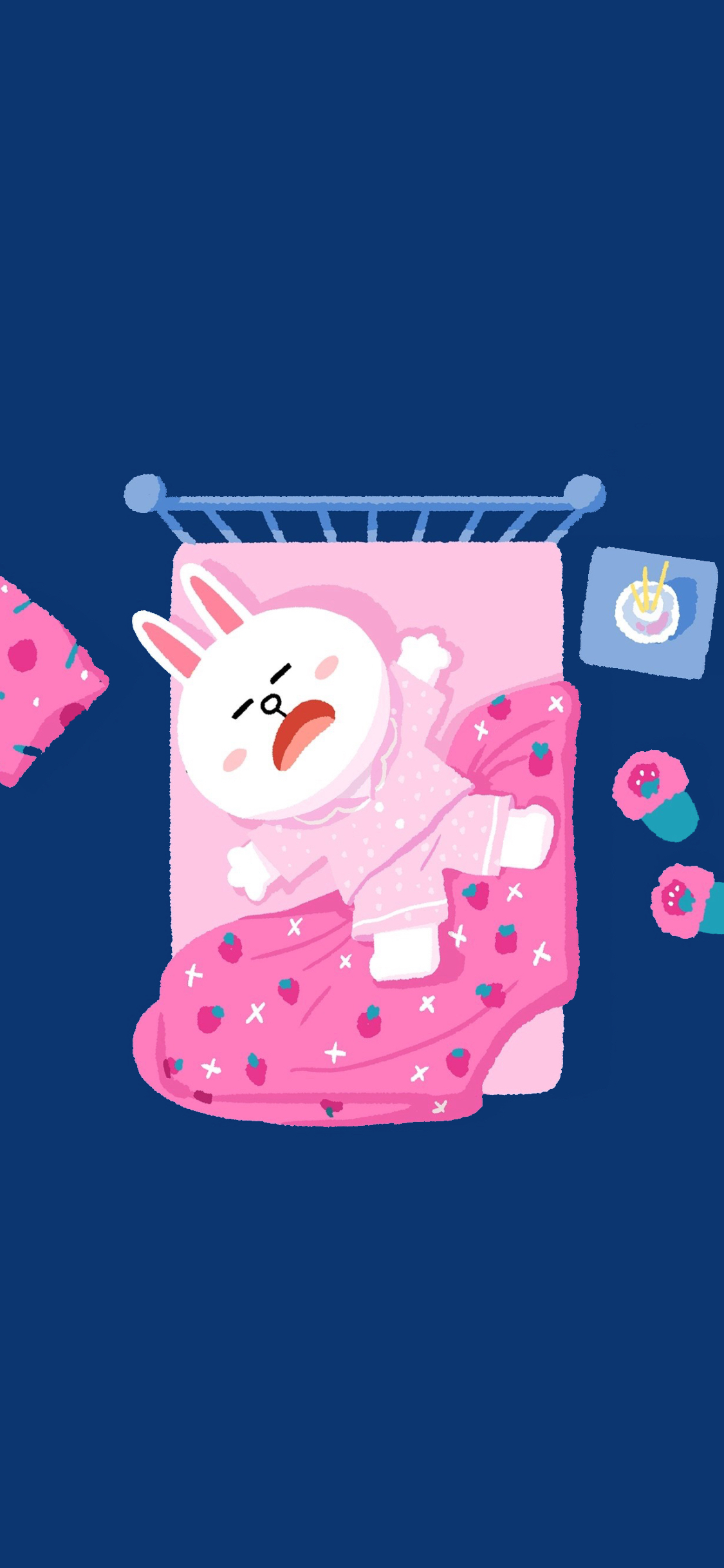 [2436×1125]linefriends 可妮兔 被窝 蓝色 卡通 苹果手机动漫壁纸图片