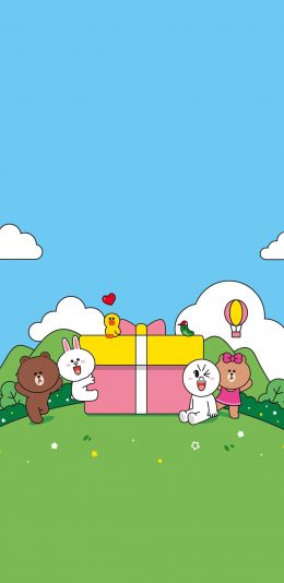 [2436x1125]linefriends 布朗熊 可妮兔 卡通 礼物盒 苹果手机动漫壁纸图片