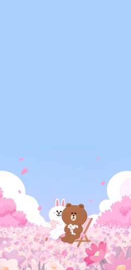 [2436x1125]linefriends 布朗熊 可妮兔 卡通 花 苹果手机动漫壁纸图片