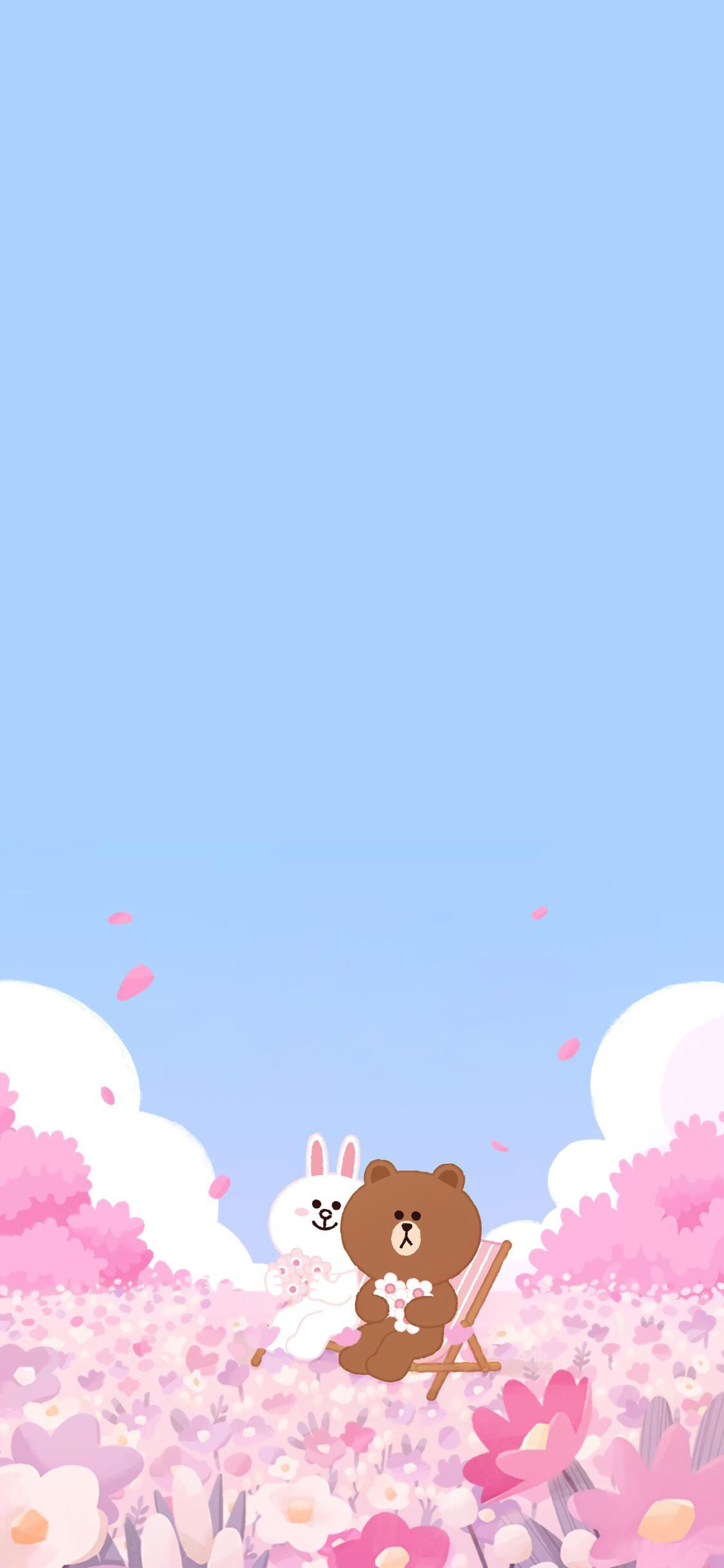 [2436×1125]linefriends 布朗熊 可妮兔 卡通 花 苹果手机动漫壁纸图片