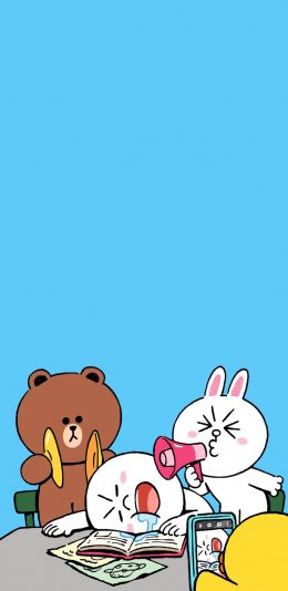 [2436x1125]linefriends 布朗熊 可妮兔 喇叭 蓝色 苹果手机动漫壁纸图片