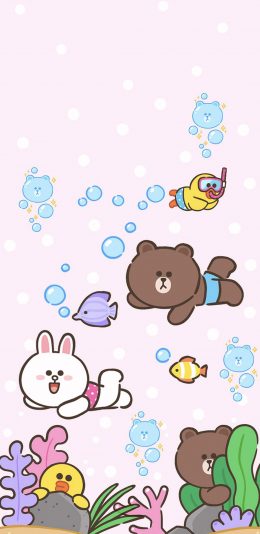 [2436x1125]linefriends 布朗熊 可妮兔 游泳 苹果手机动漫壁纸图片