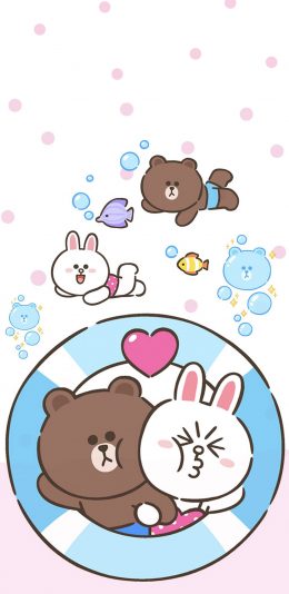 [2436x1125]linefriends 布朗熊 可妮兔 游泳 爱心 苹果手机动漫壁纸图片