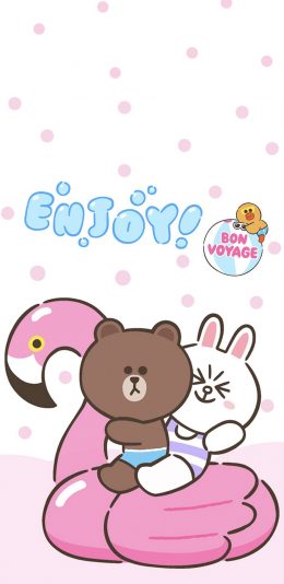 [2436x1125]linefriends 布朗熊 可妮兔 火烈鸟泳圈 苹果手机动漫壁纸图片