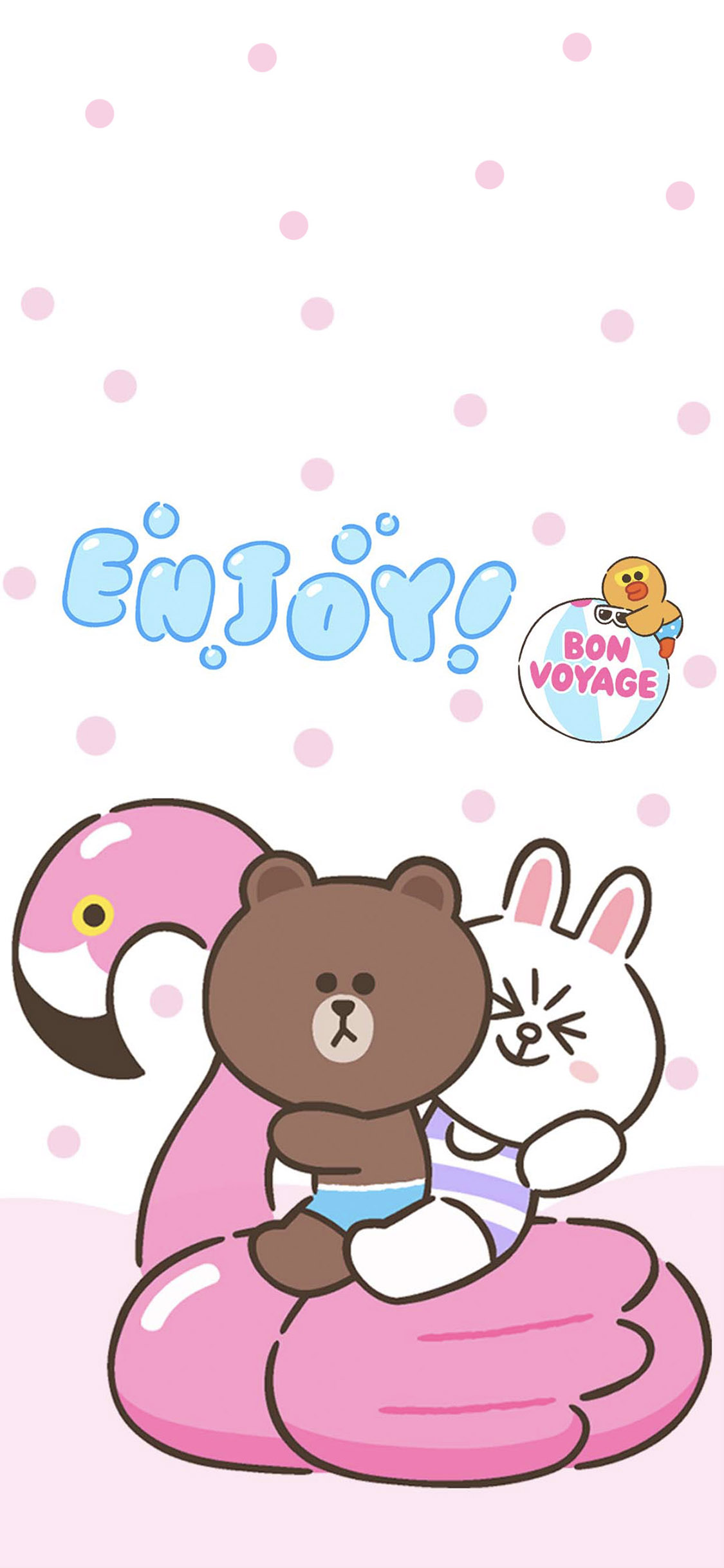 [2436×1125]linefriends 布朗熊 可妮兔 火烈鸟泳圈 苹果手机动漫壁纸图片