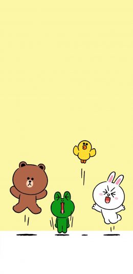 [2436x1125]linefriends 布朗熊 可妮兔 萨莉鸡 青蛙 黄色 苹果手机动漫壁纸图片