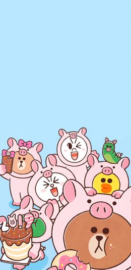 [2436x1125]linefriends 布朗熊 可妮兔 蓝色 可爱 苹果手机动漫壁纸图片