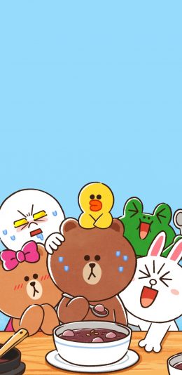 [2436x1125]linefriends 布朗熊 可妮兔 蓝色 可爱 汤圆 苹果手机动漫壁纸图片