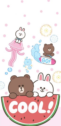 [2436x1125]linefriends 布朗熊 可妮兔 西瓜 cool 苹果手机动漫壁纸图片