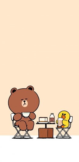 [2436x1125]linefriends 布朗熊 萨莉鸡 卡通 下午茶 苹果手机动漫壁纸图片