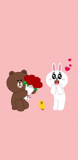 [2436x1125]linefriends 粉色 可妮兔 布朗熊 萨莉鸡 玫瑰 爱情 苹果手机动漫壁纸图片