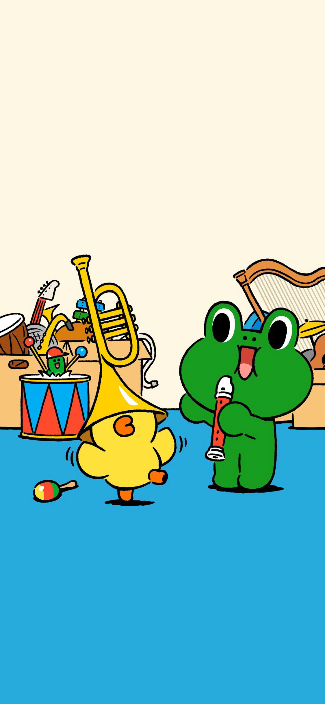 [2436×1125]linefriends 萨莉鸡 青蛙 乐器 卡通 苹果手机动漫壁纸图片