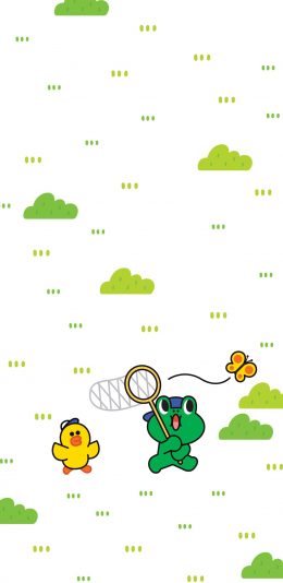 [2436x1125]linefriends 萨莉鸡 青蛙 春天 捕蝴蝶 苹果手机动漫壁纸图片
