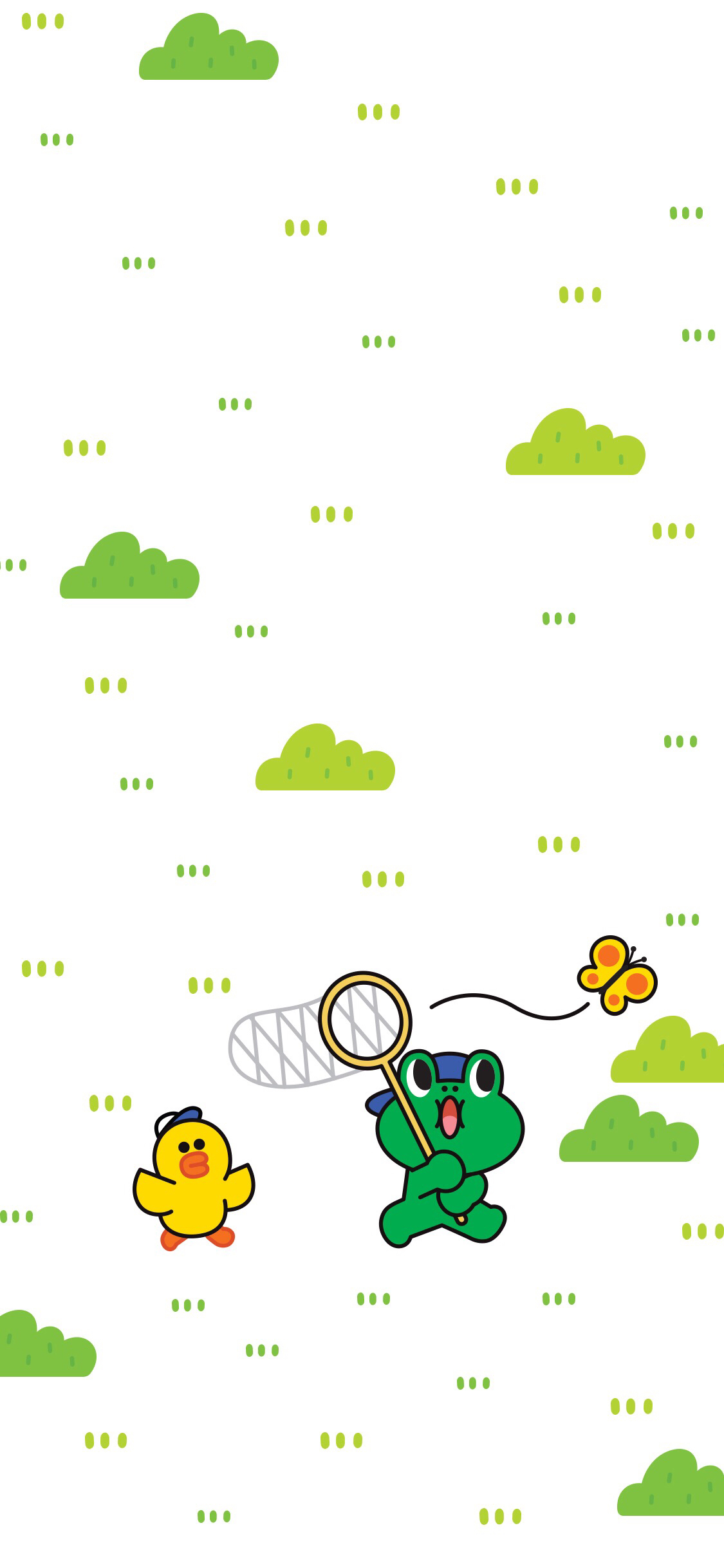 [2436×1125]linefriends 萨莉鸡 青蛙 春天 捕蝴蝶 苹果手机动漫壁纸图片