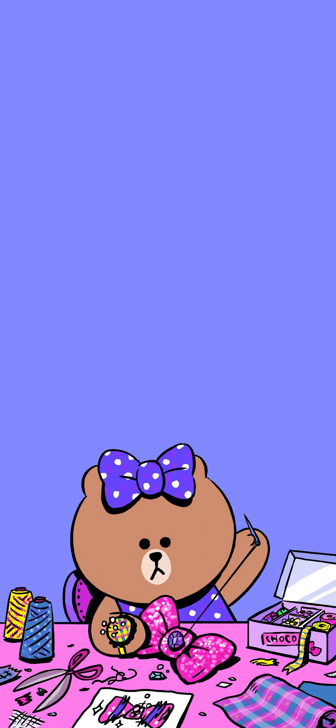 [2436×1125]linefriends 针线活 缝补 熊 动画 苹果手机动漫壁纸图片