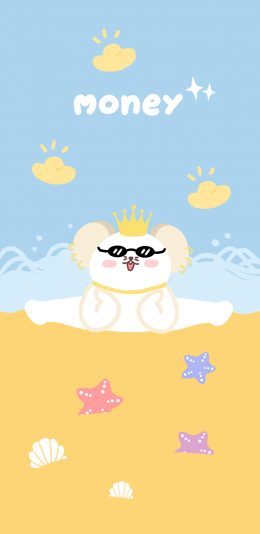 [2436x1125]money 沙滩 大海 金元宝 苹果手机动漫壁纸图片