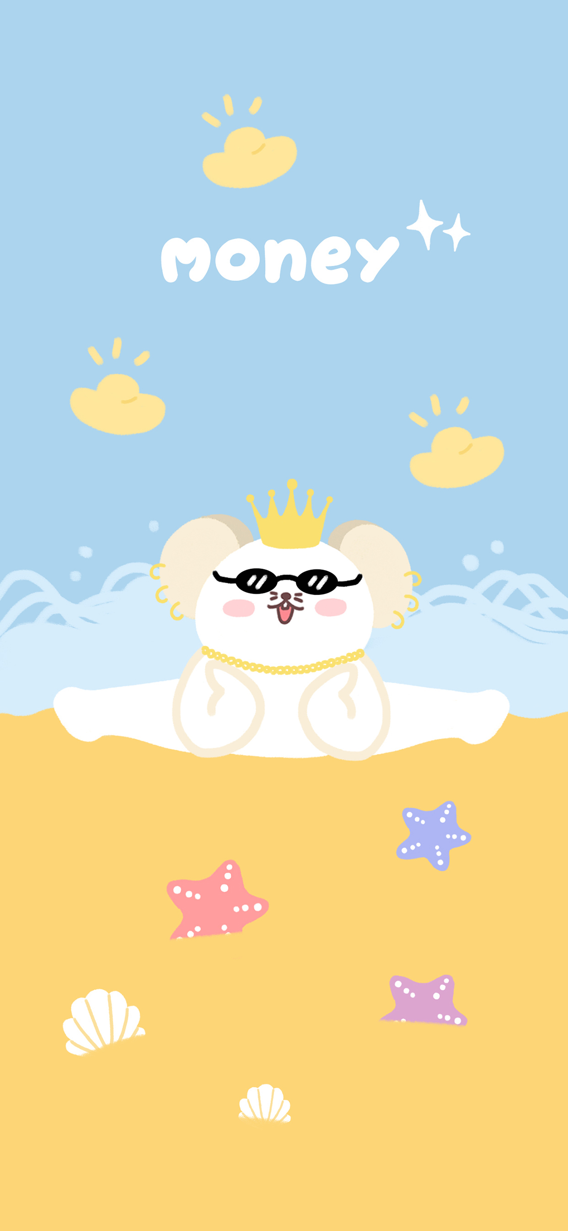 [2436×1125]money 沙滩 大海 金元宝 苹果手机动漫壁纸图片